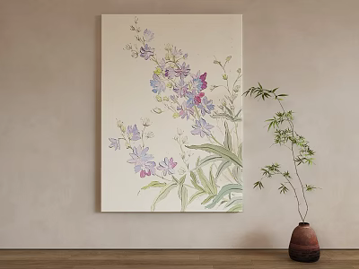 Landscape Painting Featuring Purple Pink Flowers Green Leaves On Beige Wall With Brown Vase Bamboo 3d model