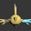 Cute Yellow Bird Game Movie Character With Red Cheeks Gray Outfit And Blue Mechanical Arm