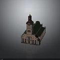 Classical Church Building With Clock Tower Golden Spire Green Roof And Pink Walls