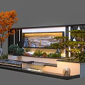 Modern Landscape Feature Wall With Geometric Pattern Orange Tree Green Plants And Flowing Water