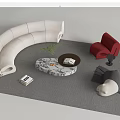 Sofa and Coffee Table Set Featuring White Curved Sofa Red Armchair Marble Table Green Plant