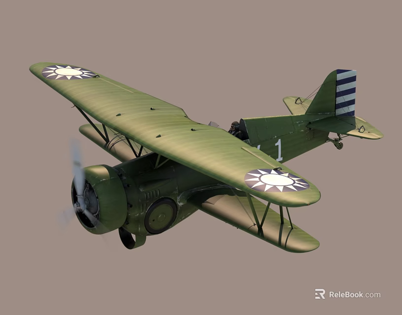 Vintage Green Biplane Fighter Aircraft With Star Insignia Number 1 And Propeller Design 3d model 