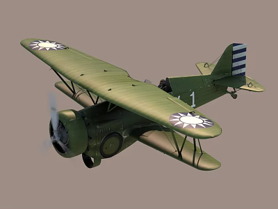 Vintage Green Biplane Fighter Aircraft With Star Insignia Number 1 And Propeller Design 3d model