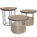 Modern Round Wooden Side Tables With Metal Frames And Rattan Bases