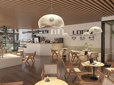Cozy Café Interior With Wooden Ceiling Pendant Lights And Wooden Tables 3d model