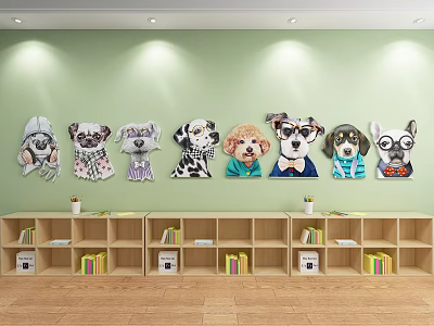 Cute Cartoon Dog Shaped Wall Hangings For Green Wall With Wooden Bookshelves Books And Plants 3d model