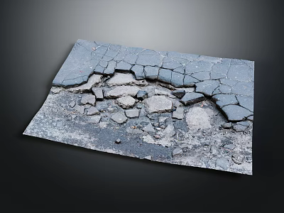 Damaged Asphalt Road Ground with Visible Cracks and Scattered Broken Stones 3d model