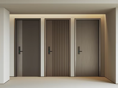 Three Modern Security Doors With Wood Grain Dark Gray And Metal Handles In Minimalist Interior 3d model