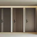 Three Modern Security Doors With Wood Grain Dark Gray And Metal Handles In Minimalist Interior
