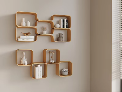 Wooden Wall Shelves with Various Shapes Displaying Books Vases Succulents and Decorative Items 3d model
