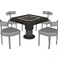 Square Entertainment Table With Central Rotating Section And Four Gray Padded Metal Leg Chairs