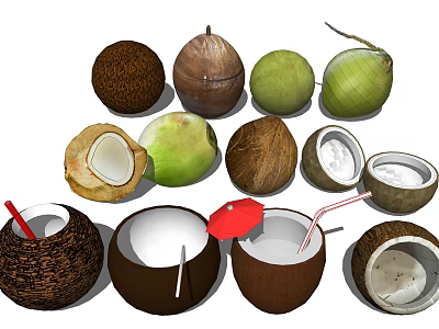 Fresh Coconut Fruits Display With Whole And Halved Varieties Straws And Small Umbrella 3d model