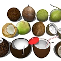 Fresh Coconut Fruits Display With Whole And Halved Varieties Straws And Small Umbrella
