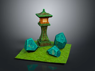 Traditional Green Japanese Lantern With Pedestal And Blue Stones On Green Grass 3d model