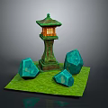 Traditional Green Japanese Lantern With Pedestal And Blue Stones On Green Grass