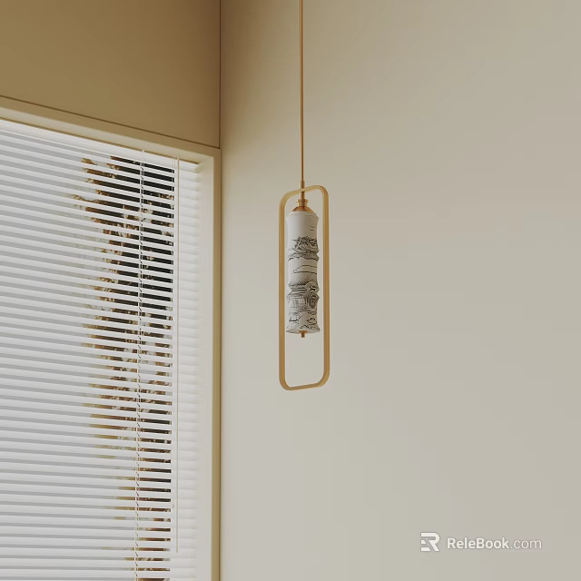 Elegant Pendant Light With Wooden Frame And Textured Paper Shade Hanging By Window With Blinds 3d model 
