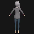 Woman With Long Gray Hair Wearing Pink Top Gray Cardigan Blue Jeans Barefoot On Black