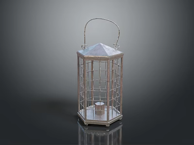 Hexagonal Metal Lantern With Handle And Grid Design Featuring Candle Inside 3d model