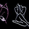 Two Women Silhouette Line Art With Purple And Blue Strokes On Black Background