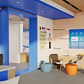Community Life Service Station With Blue Reception Desk White Chairs And Kids Play Area