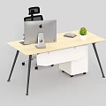 Modern Office Desk With Light Wood Top iMac Notebook Green Plant And Black Legs