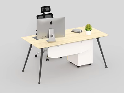 Modern Office Desk With Light Wood Top iMac Notebook Green Plant And Black Legs 3d model