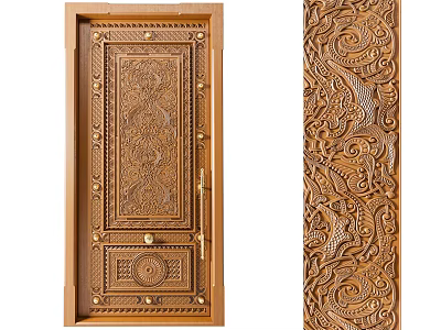 Wooden Swing Door With Intricate Carved Patterns And Classic Design Details 3d model