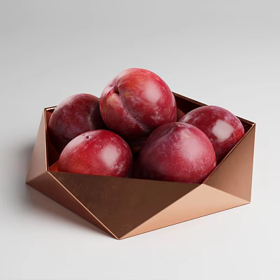 Juicy Red Plums Arranged in Geometric Copper Box on Light Background 3d model Juicy Red Plums Arranged in Geometric Copper Box on Light Background 3d model