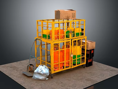 Yellow Storage Cage Structure With Multi Layer Gas Cylinders And Cardboard Boxes 3d model