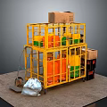 Yellow Storage Cage Structure With Multi Layer Gas Cylinders And Cardboard Boxes