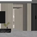 Modern Living Room Featuring Sleek Hinged Door With Wooden Panel Walls And TV