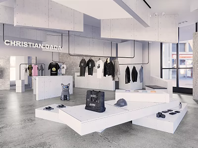 Modern Clothing Store Interior With White Display Platforms Hanging Clothes And Accessories 3d model