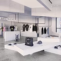 Modern Clothing Store Interior With White Display Platforms Hanging Clothes And Accessories