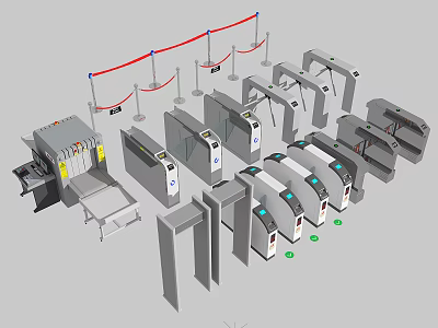 Public Facility Security Check Area With X Ray Scanner Metal Detectors And Queue Barriers 3d model