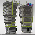 Twin Cartoon Skyscrapers With Modern Green Accents And Multi Layered Structure