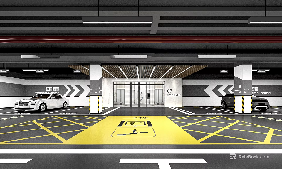Modern Parking Garage Interior With Yellow Lines Cars Entrance And Bright Lighting 3d model 