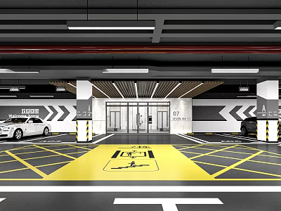 Modern Parking Garage Interior With Yellow Lines Cars Entrance And Bright Lighting 3d model