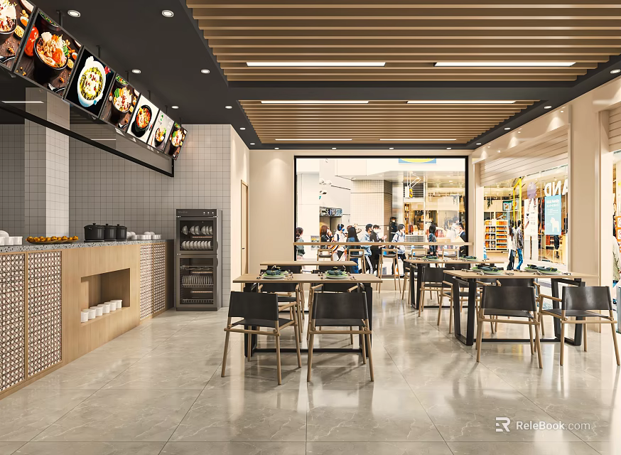 Bright Modern Restaurant Interior With Open Dining Area Wooden Ceiling And Menu Posters 3d model 