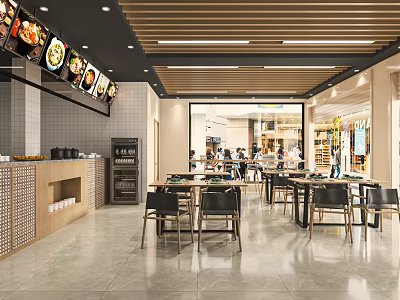Bright Modern Restaurant Interior With Open Dining Area Wooden Ceiling And Menu Posters 3d model