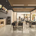 Bright Modern Restaurant Interior With Open Dining Area Wooden Ceiling And Menu Posters