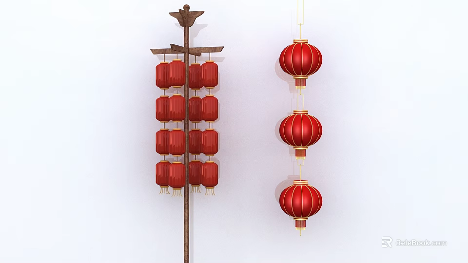 Red Lanterns In Square And Round Shapes Hanging On Pole And String 3d model 