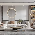 Modern Living Room Interior With L-Shaped Sofa Circular Wall Decor Coffee Table And Accent Chair