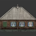 Traditional Residential House With Gray Roof Chimney White Brown Blue Walls Multiple Windows And Red Door