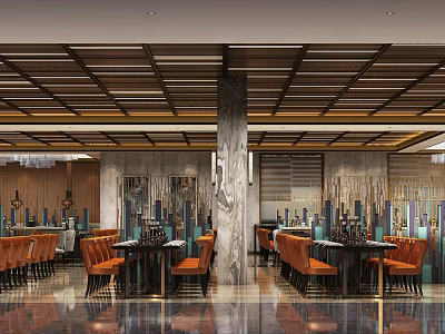 Luxurious Modern Restaurant Interior Design With Marble Pillars And Comfortable Orange Upholstered Dining Chairs 3d model