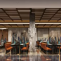 Luxurious Modern Restaurant Interior Design With Marble Pillars And Comfortable Orange Upholstered Dining Chairs