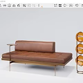 Brown Leather Multi Person Sofa With Metal Legs Side Table And Three Tier Circular Shelf