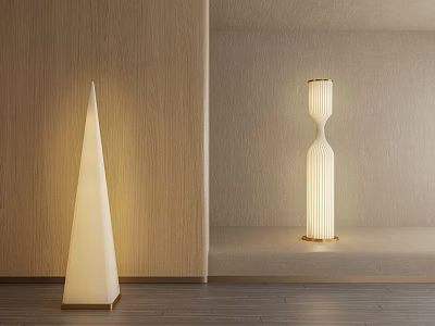 Modern Floor Lamps With Conical And Hourglass Shapes White Shades Wooden And Gold Bases 3d model