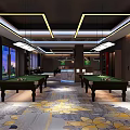Modern Billiard Room with Green Tables Ceiling Lights Sofas TV and Decorative Paintings
