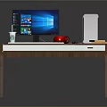 Modern Computer Desk Setup With Monitor PC Case Keyboard And Mouse