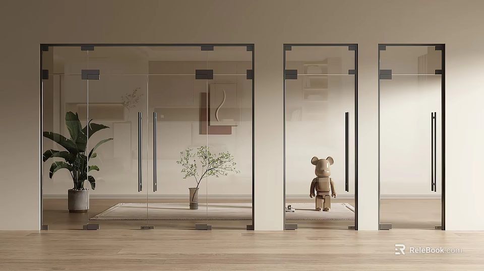 Modern Glass Double Doors With Transparent Design And Indoor Decor Elements 3d model 